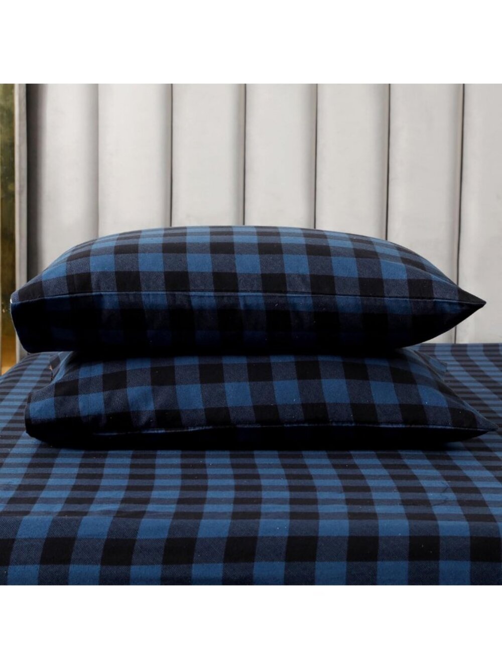 Cozy Buffalo Check Plaid Flannel Sheet Set, Full Size, Soft Blue Bedding